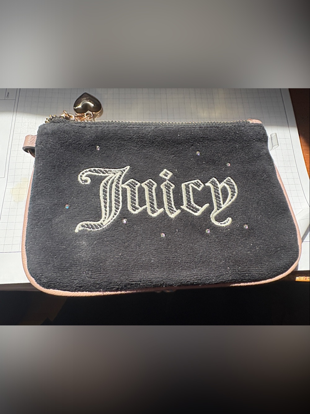 Juicy couture Pink-Trim Black Velvet Cosmetic Pouch with Script Embroidery